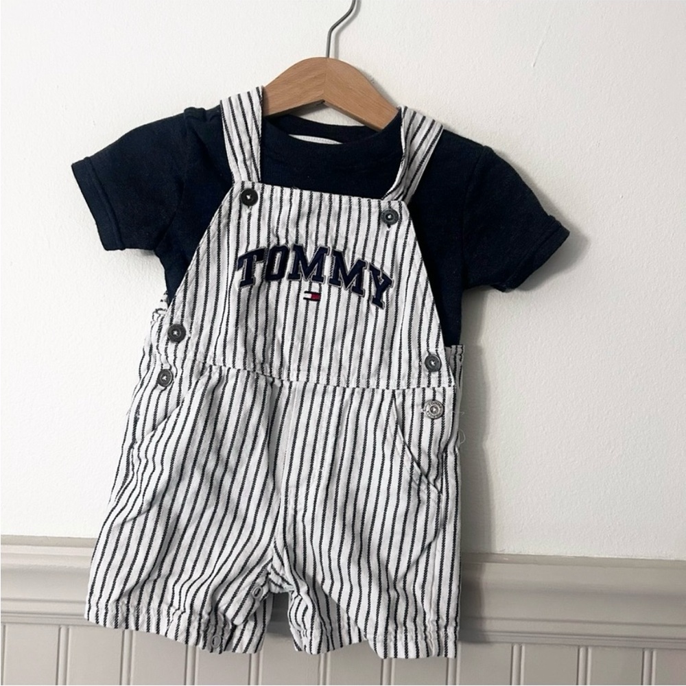 Tommy Hilfiger Vintage 12M Navy White Striped Overall Set Short Overalls